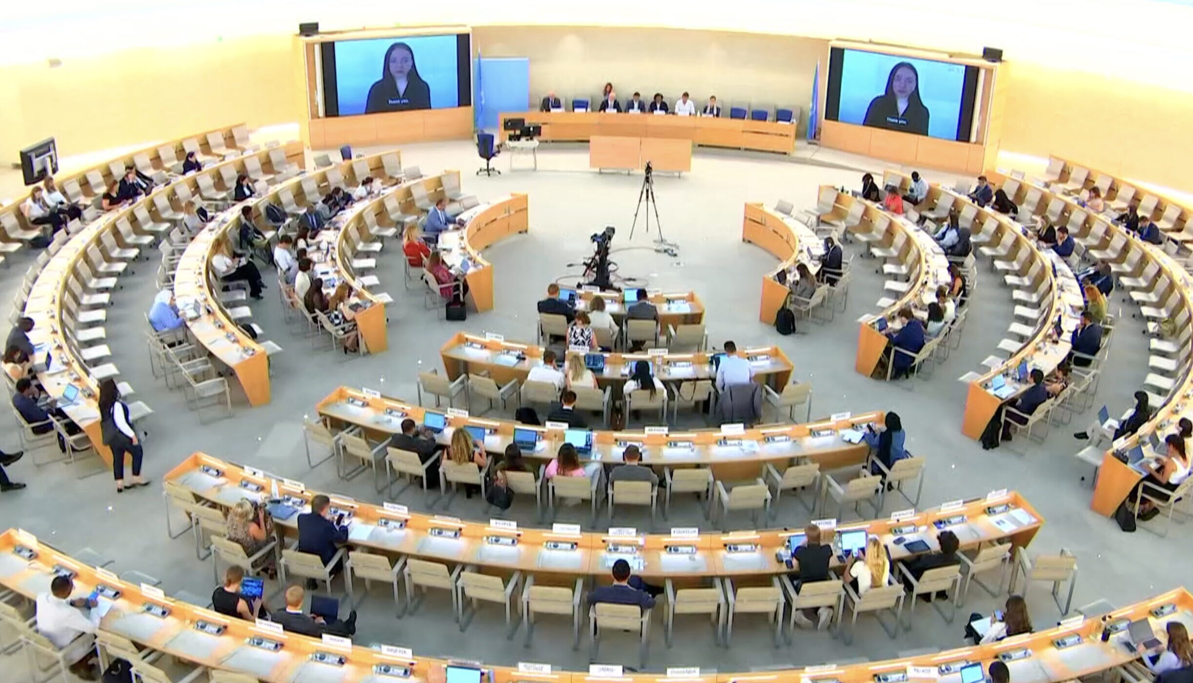 Cristina Donoso delivers an oral statement at the UN Human Rights Council in Geneva, calling for the release of 2020 Right Livelihood Laureate Ales Bialiatski and members of the Viasna Human Rights Centre.