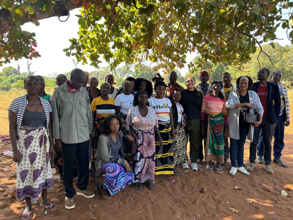 Community members in Chibuto standing together under a tree on sandy ground.